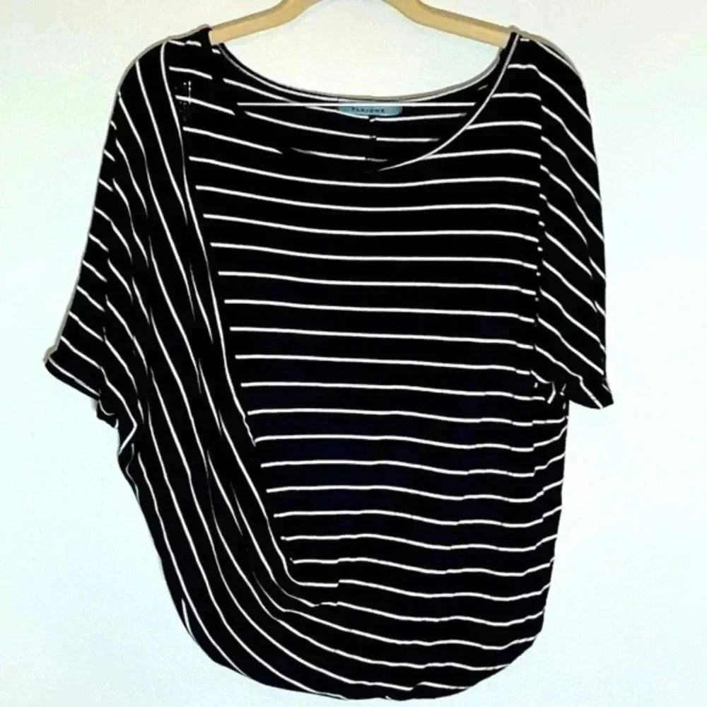 Pleione Black White Striped Twist Side Short Sleeve Top